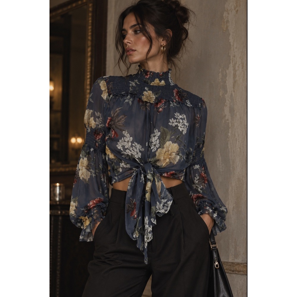 Nicholas 100% Silk Sheer Chiffon Dark Moody Floral Long Sleeve Peasant Top Chic